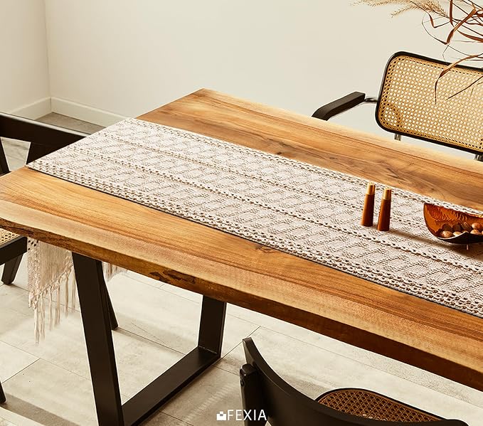 Fexia Table Runner with Tassels Boho Macrame 72 Inches Long Cream Rustic Table - Image 7
