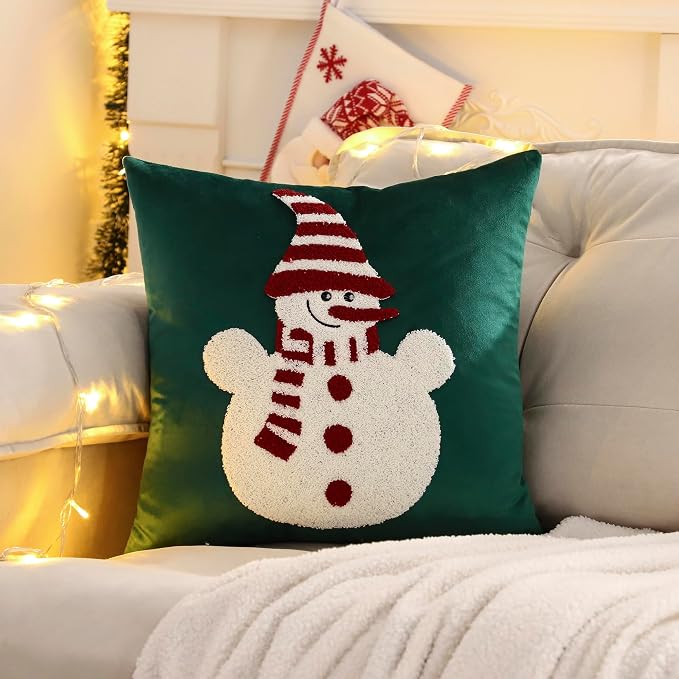 LUOYEHK Christmas Snowman Pillow Covers 18x18 Set of 2 Velvet Green Pillow - Image 4