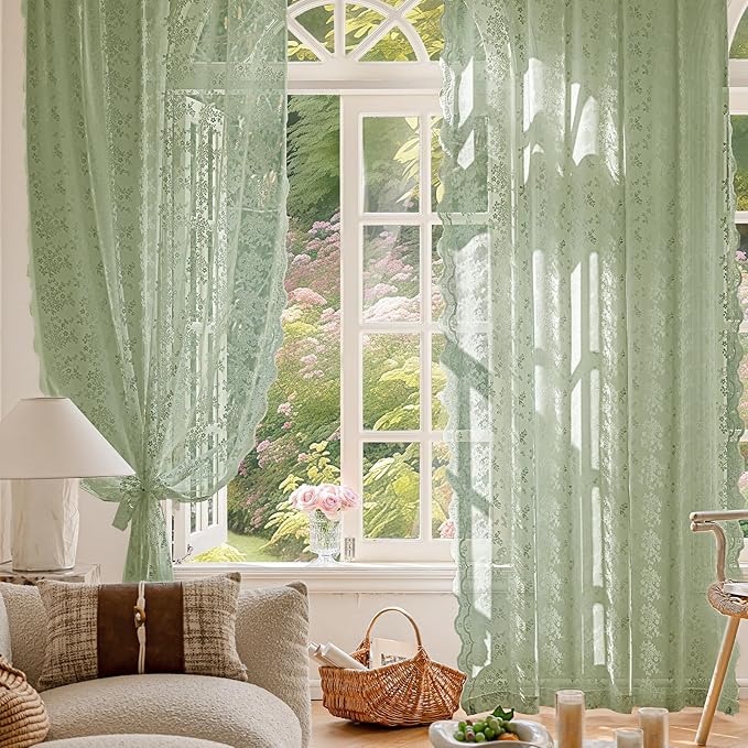 Anmao Vintage Sage Green Lace Curtains 120 Inches Long 2 Panels, Romantic Light - Image 5