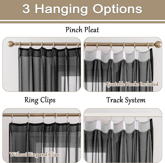 MAIHER Black Pleated Sheer Curtains 90 Inch Length - Image 2