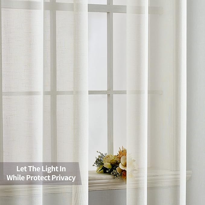 MIULEE 2 Panels Natural Linen Look Textured Sheer Curtains Elegant Solid Ivory - Image 4