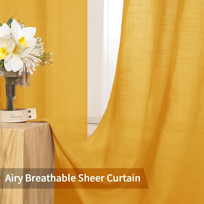 MIULEE 2 Panels Natural Linen Sheer Window Curtains Elegant Mustard Yellow Fall - Image 5