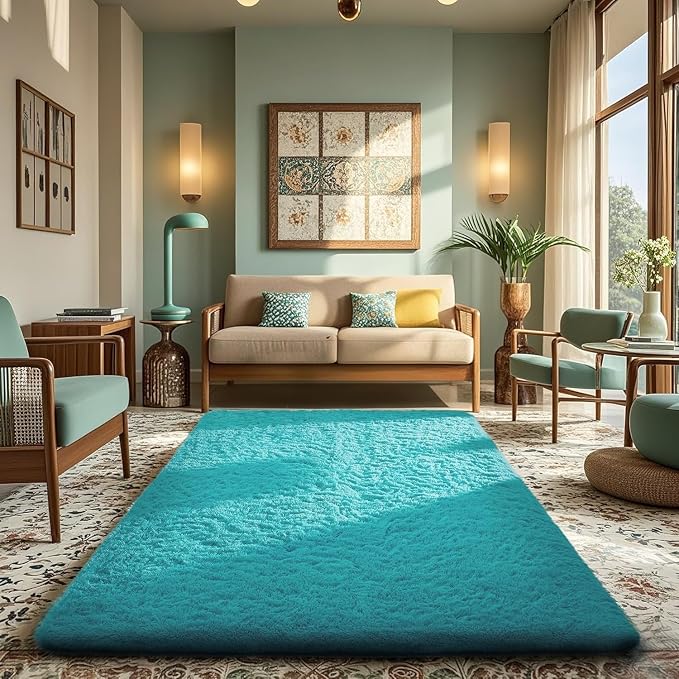 Ophanie Teal Rugs for Living Room Bedroom, 6x9 Fluffy Fuzzy Furry Carpet by Ophanie