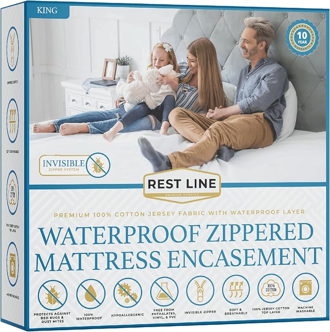 King Size 78x80” Premium Waterproof Zippered Mattress Encasement, 100% Cotton by RestLine