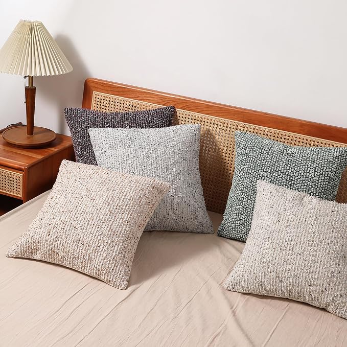 Striped Throw Pillow Covers 16x16 Set of 2 Beige Textured Boucle Chic Morden - Image 7