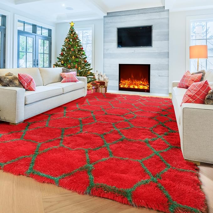ONASAR 6x9 Area Rugs for Living Room, Large Fluffy Red and Dark Green Bedroom - Image 2