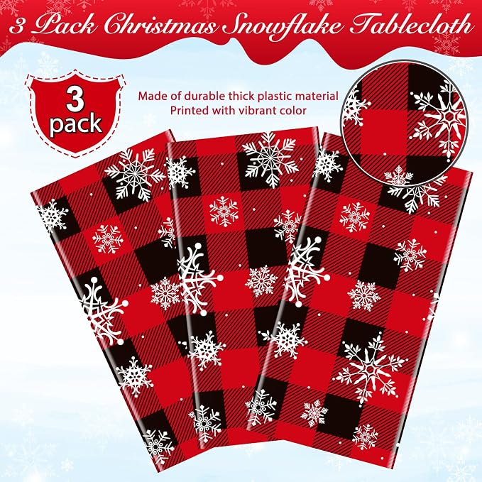 3 Pieces Red and Black Buffalo Plaid Merry Christmas Party Tablecloth - Image 4