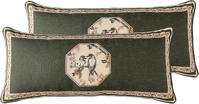 ISAENNE Design Linen Chinoiserie Lumbar Throw Pillow Covers 12"x28" Pack of 2 by Isaennehomedecoration
