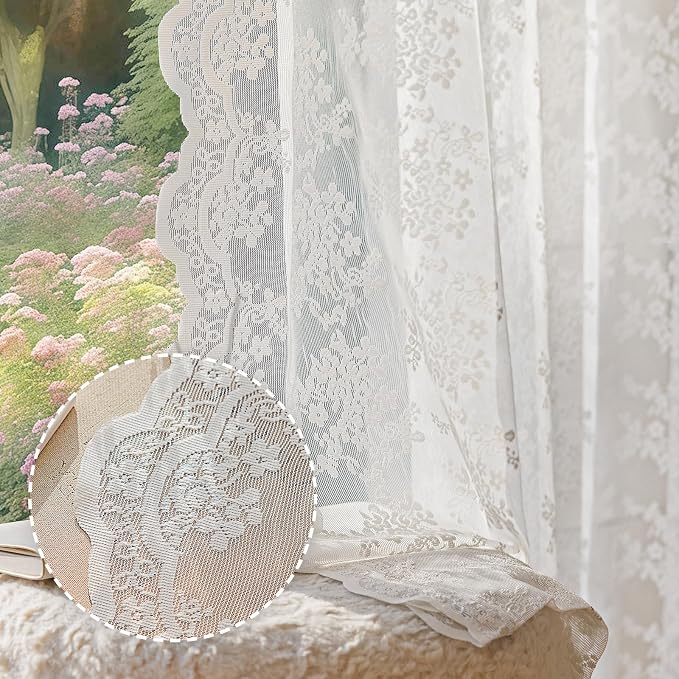 Anmao Vintage White Lace Curtains 102 Inches Long 2 Panels, Romantic Elegant by Anmao