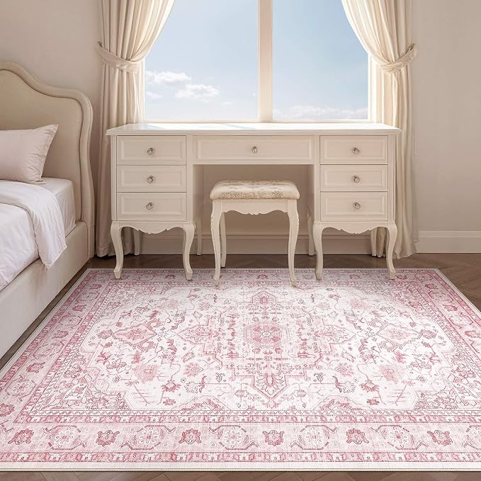 Pink Rugs for Bedroom Girls: 8x10 Washable Boho Large Neutral Cute Soft Area - Image 6