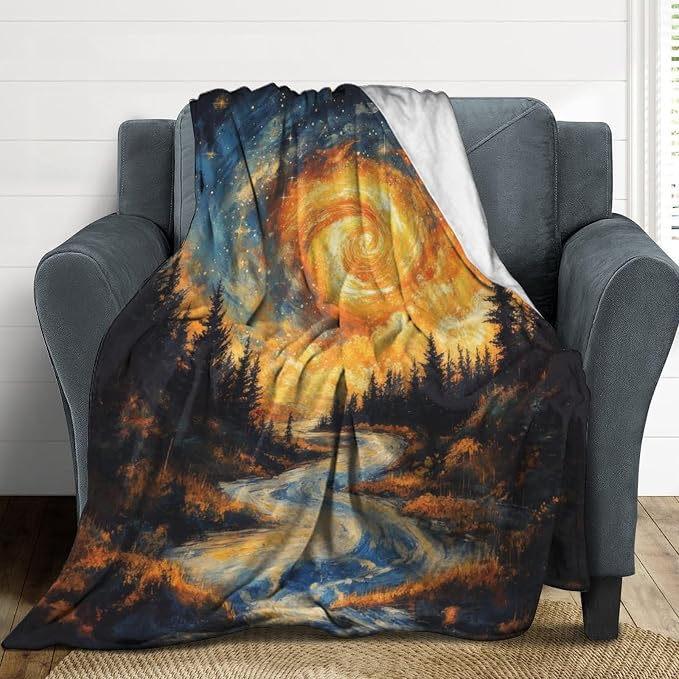 Magic Forest Blanket, Abstract Art Oil Painting Dreamworld River Jungle Sunset - Image 3