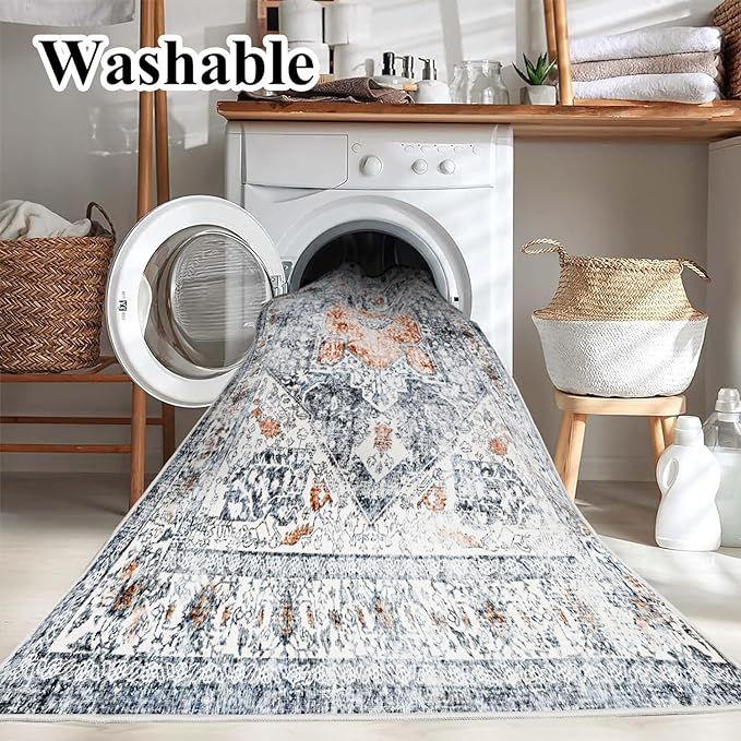 5x7 Washable Thin Foldable Area Rug Gray Vintage Rug Traditional Floor Cover - Image 2