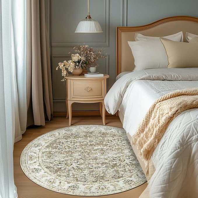 jinchan Round Rug 5ft Area Rugs Vintage Floral Distressed Design - Image 2
