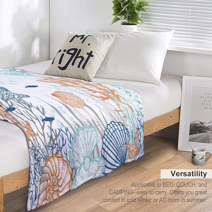 Nautical Coastal Blanket, Starfish Seashell Coral Beach Themed Drapes Ocean - Image 5