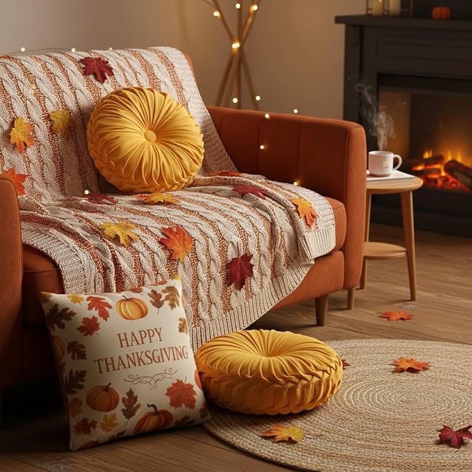 2 Pcs Round Throw Pillows 15 Inch Decorative Velvet Pleated Pumpkin Floor Boho - Image 5