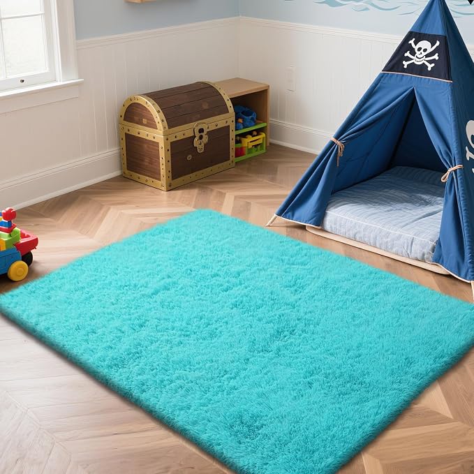 Teal Blue Rug Fluffy Rugs, 5x8 Teal Area Rugs - Image 3