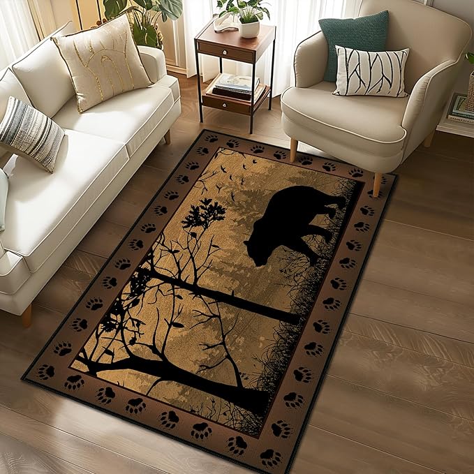 Rustic Area Rug 3x5, Bear Country Cabin Wildlife, Ultra-Thin Washable Throw - Image 4
