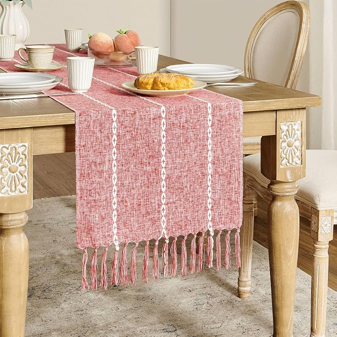ZeeMart Farmhouse Braided Striped Table Runner, Rustic Red Table Runners 90 - Image 2