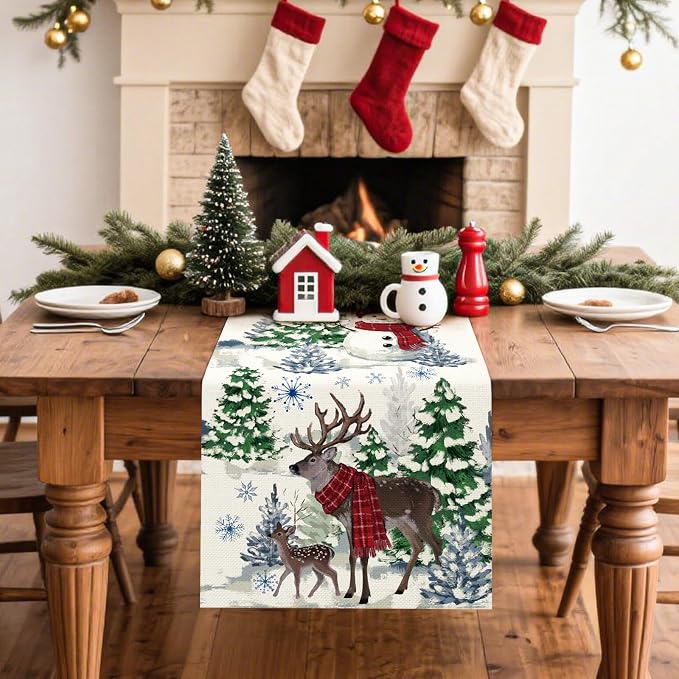 Artscope Reindeer Snowman Christmas Tree Table Runner, Xmas Winter Snowflakes - Image 2