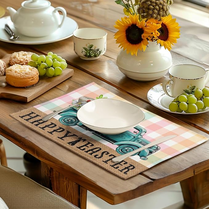 Happy Easter Placemats Set of 4 Pink Yellow Blue Buffalo Plaid Truck Eggs Daisy - Image 6