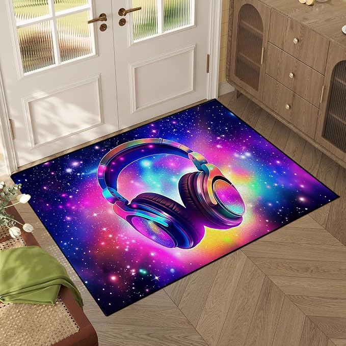 Galaxy Game Area Rug Music Headphone Rugs Colorful Throw Rug Non-Slip Carpet - Image 4