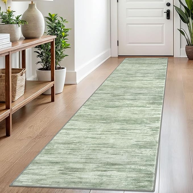 2x8 Modern Abstract Runner Rug for Hallways, Light Sage Green and Ivory Super by SiiloomRug