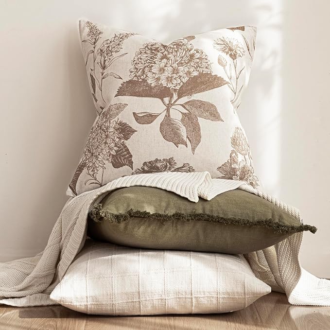 Foindtower Set of 2 Linen Floral Throw Pillow Covers Neutral Vintage Print - Image 5