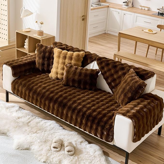 Faux Fur Armrest Cover Backrest Cover Fuzzy Plush Thick Bubble Sofa Cover - Image 4