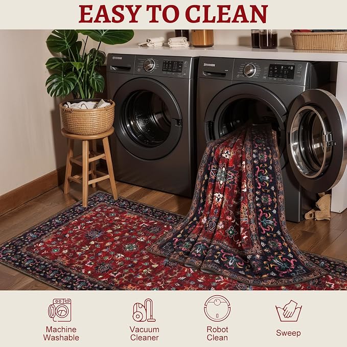 Tangsoo 2x3 Washable Rugs for Entryway, Vintage Floral Rug Red Small Area Rug - Image 5