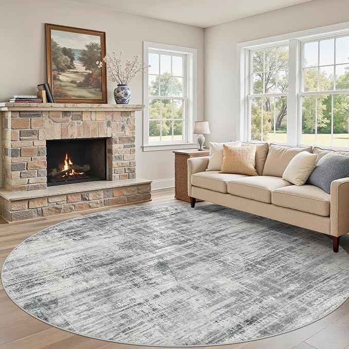 8ft Round Area Rug for Living Room: 8x8 Washable Neutral Abstract Modern Soft by UERMEI