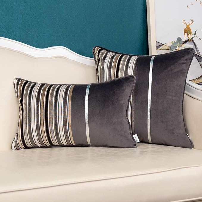 Yangest Grey Striped Patchwork Throw Pillow Cover Silver Leather Cushion Cover - Image 6