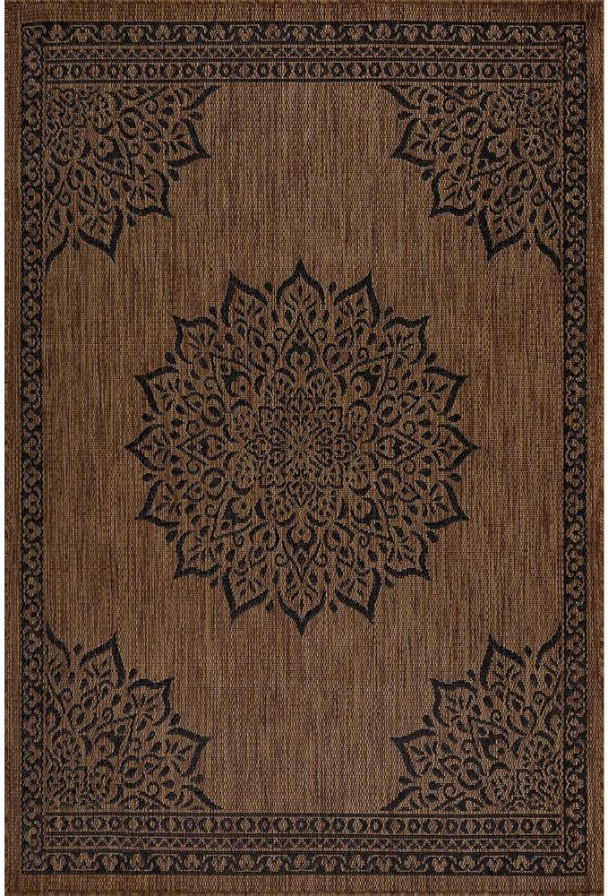 CAMILSON Outdoor Rug, 10x14 Medallion Nut Brown Black Modern Area Rugs - Image 3