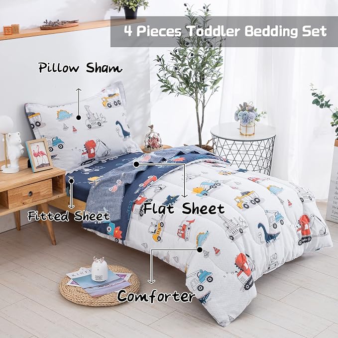 DJY 4 Pieces Cotton Toddler Bedding Set, Dinosaur Cars Reversible Toddler Bed - Image 3