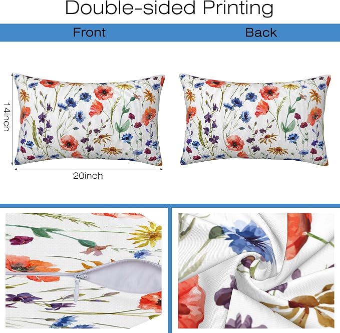 Wildflowers Throw Pillow Covers Set of 2 Watercolor Poppy Pillow Covers 20x12 - Image 2