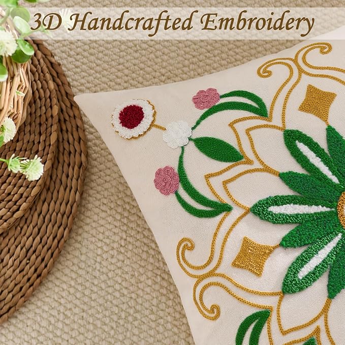Embroidered Throw Pillow Cover 22x22 Classic Boho Floral Pattern Pillows Cover - Image 2