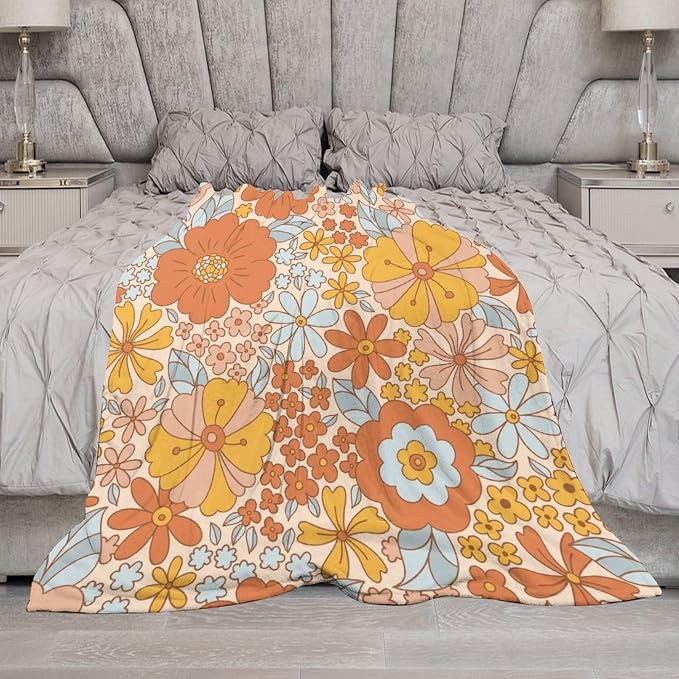 Retro 70s Floral Blanket, Hippie Summer Groovy Flower Power Flower Boho Print - Image 7