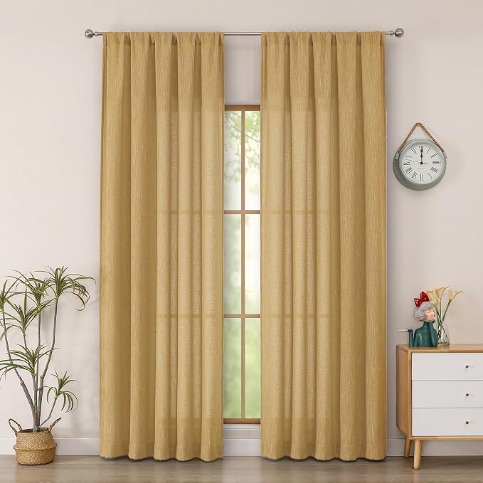 Simplebrand Gold Semi Sheer Faux Linen Textured Curtains 84 Inches Long 2 Panels by Simplebrand