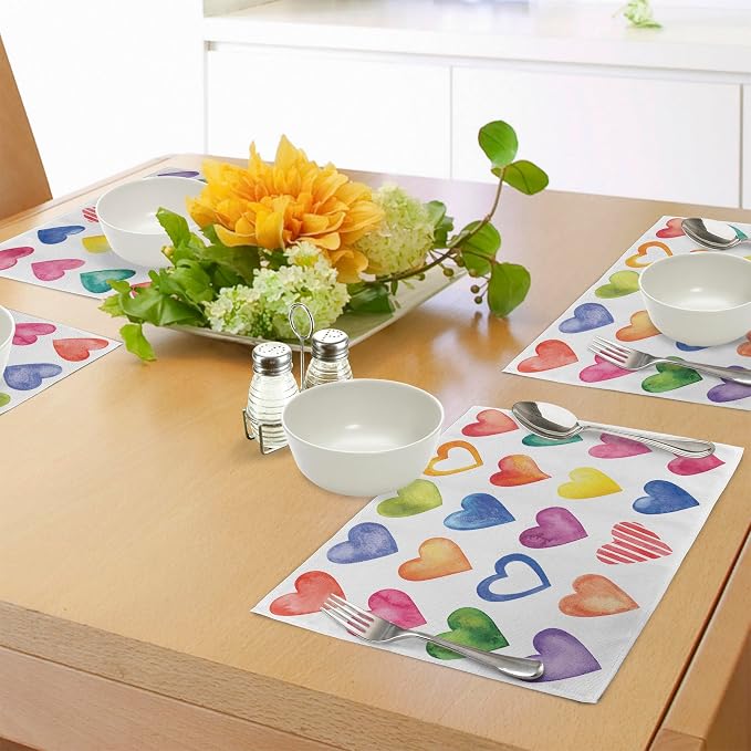 Ambesonne Grunge Place Mats Set of 8, Rainbow Color Heart Shapes Valentine's - Image 4