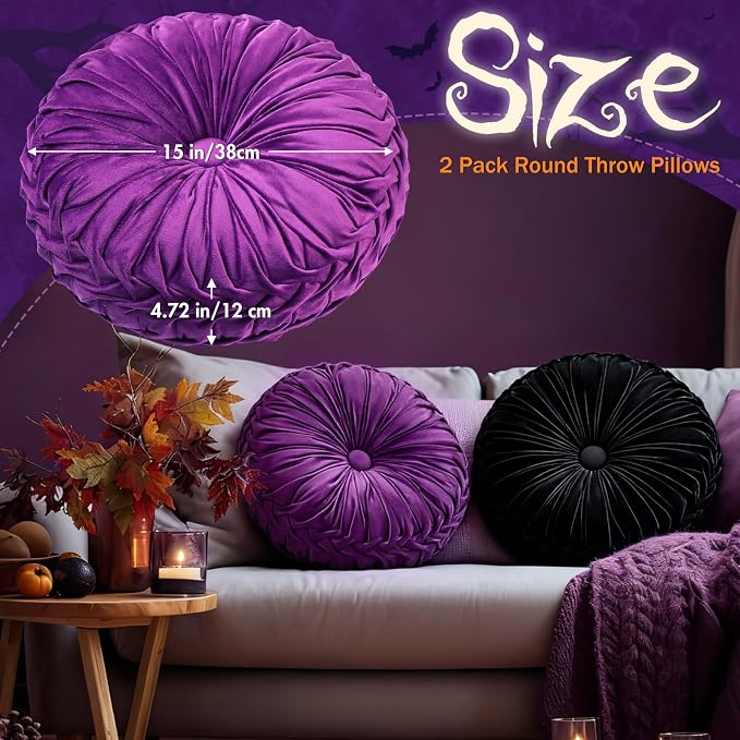 2 Pcs Round Throw Pillows 15 Inch Decorative Velvet Pleated Pumpkin Floor Boho - Image 2