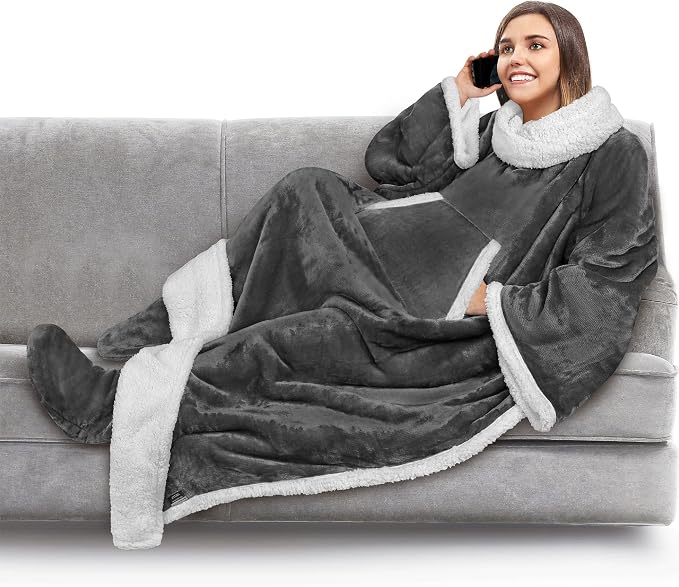 PAVILIA Sherpa Blanket with Sleeves, Foot Pocket by PAVILIA