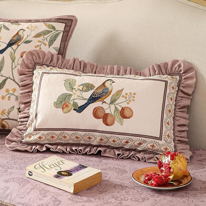 Pink Rectangle Farmhouse Throw Pillow Covers, Birds and Flowers Pattern Cozy - Image 2