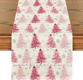 Artoid Mode Xmas Trees Snowflake Christmas Table Runner, Seasonal Winter Pink by ArtoidMode