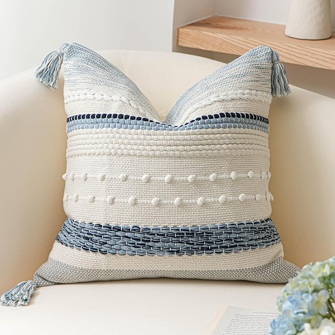 BlissBlush Coastal Blue Boho Decorative Throw Pillow Cover 20x20 Modern by BlissBlush