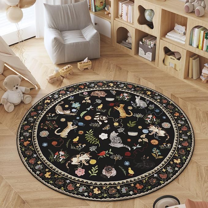 Rugcomf Round Rug 4ft Washable Circle Rug Non Slip Low Pile Boho Floral Animal by Rugcomf