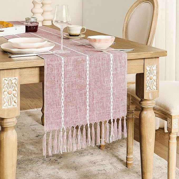 ZeeMart Farmhouse Braided Striped Table Runner, Rustic Pink Table Runners 90 - Image 2