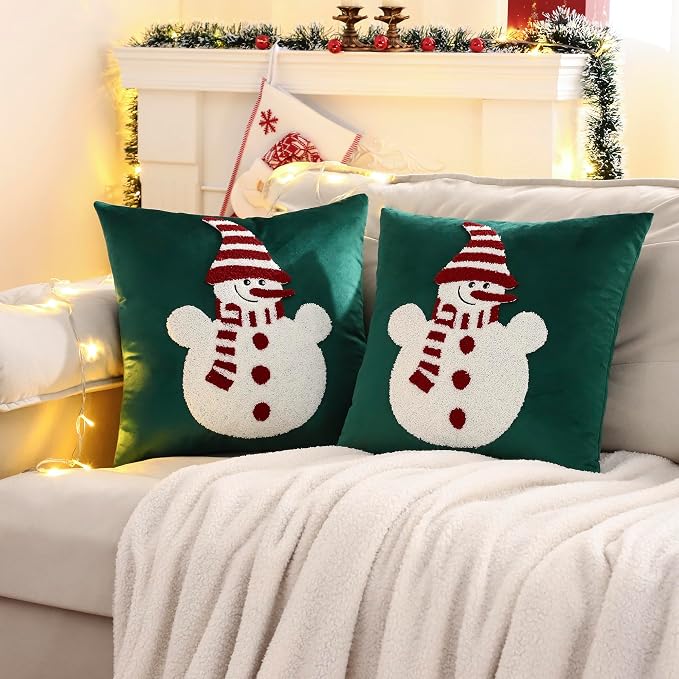 LUOYEHK Christmas Snowman Pillow Covers 18x18 Set of 2 Velvet Green Pillow - Image 2