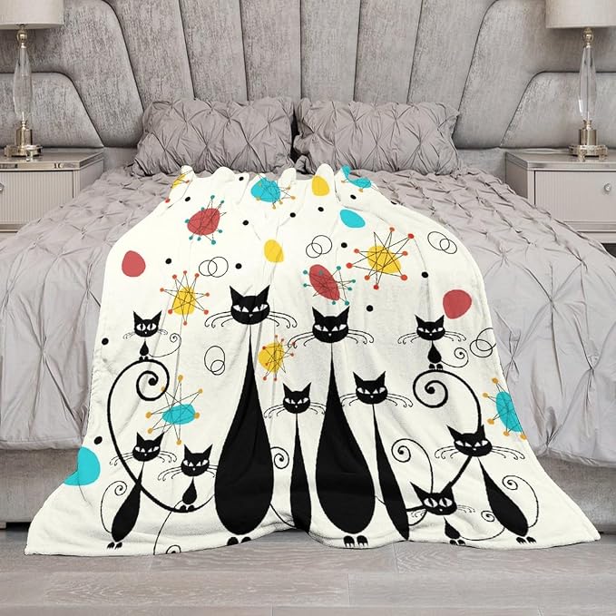 Mid Century Modern Throw Blanket, Atomic Black Cat Starbursts Iconic Sputnik - Image 7