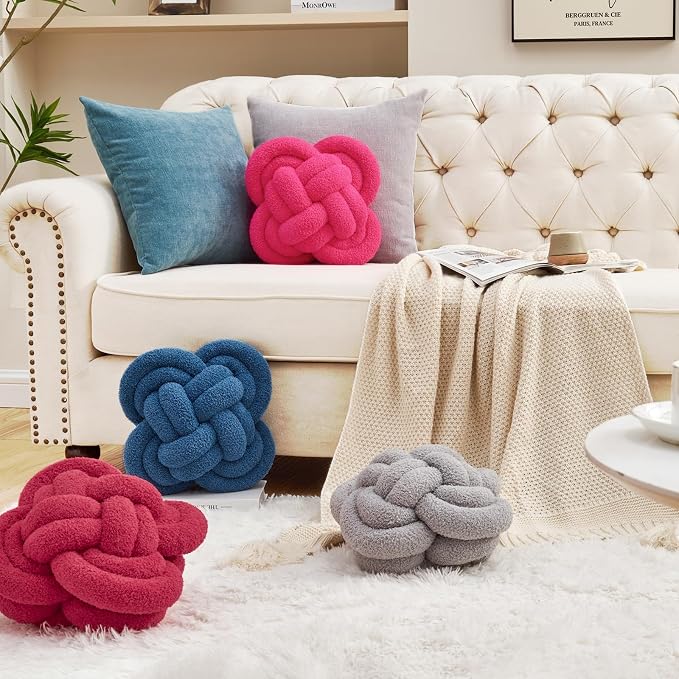 Xiashrk Knot Pillow Ball, Dark Blue Knotted Plush Throw Pillow Handmade Square - Image 4