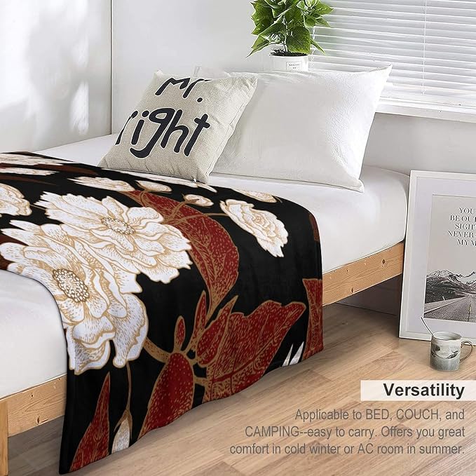 Red Gold Floral Blanket, Boho Dark Flower Leaves Chinese Plum Blossoms - Image 5