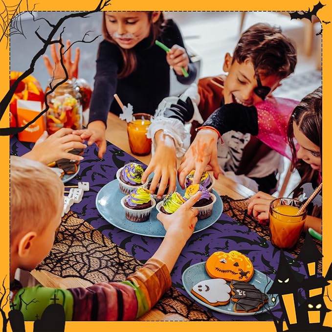 Happy Halloween Table Runner Horror Purple Bats Seasonal Holidays Indoor - Image 3
